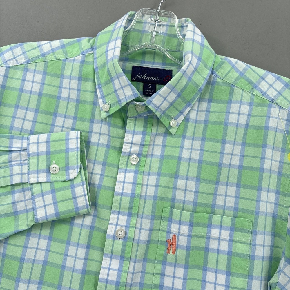 Johnnie-O Shirt Men Small Green Blue Plaid Button Down Long Sleeve Cotton Preppy
